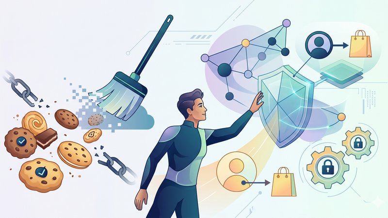 Современная иллюстрация о трендах приватности и будущем интернет-магазинов без использования сторонних файлов cookie