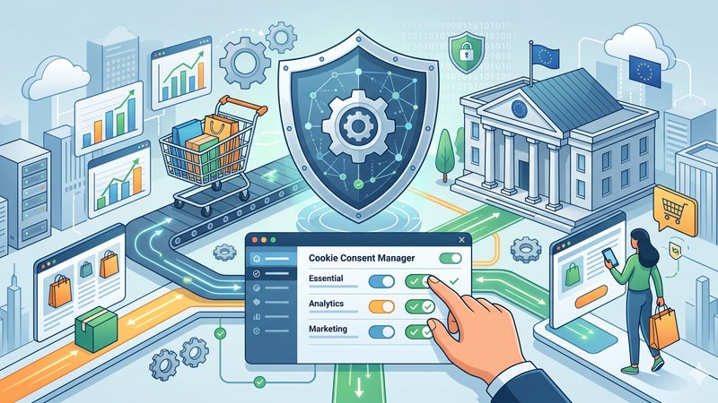 Современная иллюстрация печенья и цифровых иконок безопасности для статьи о политике Cookie в интернет-магазинах